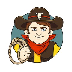 Colored in cartoon style vector round illustration with young cowboy in  hat and lasso in his hand.Can used for printing on clothes, banners, posters, web design.
