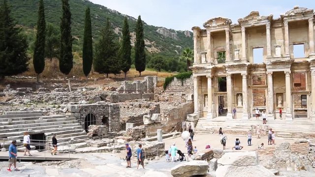 EPHESUS, TURKEY - JUNE 20, 2018 : Celsus library in Ephesus ancient city ruins on cloudy sky. Ephesus famous place for tourists in Izmir for historical place.