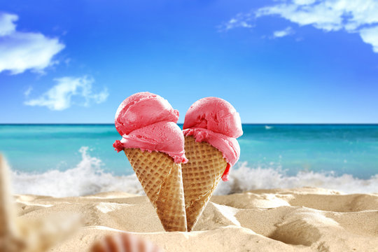 Summer photo of icecream and beach background 