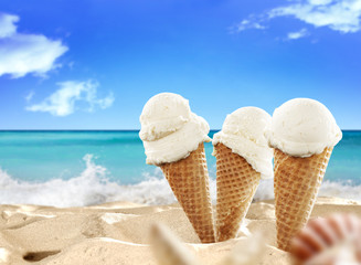 Summer photo of icecream and beach background 