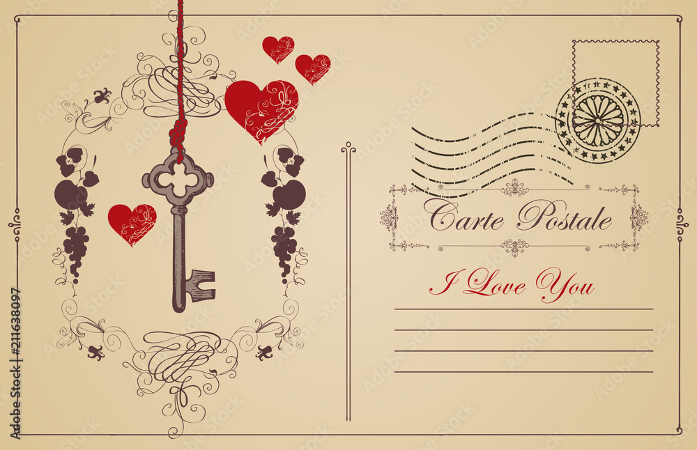 Poster retro postcard on the theme of declaration of love with key and red hearts. romantic vector card in 