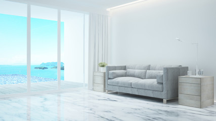 Living room and Swimming pool sea view in hotel or home - Vacation time in living room and swimming pool on island - 3D Rendering