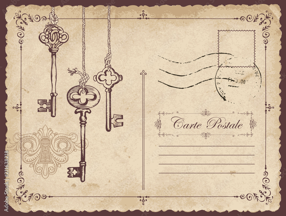 Poster retro vector postcard with old keys and keyhole, with place for text on old beige background in vint