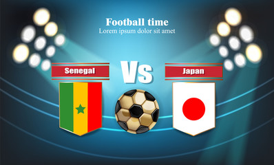 Football board Senegal flag VS Japan. 2018 World championship template match. teams soccer national flags. red and blue trend sport backgrounds