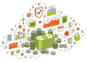 Cash money dollar stacks and coins cents piles isolated on white background. Isometric 3d vector finance and business illustration with icons, stats charts and design elements.