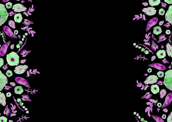 Painted watercolor composition with flowers and leaves. Frame of roses. Floral border. Can be used as invitation card for wedding, birthday, other holiday, summer background, poster, banner.