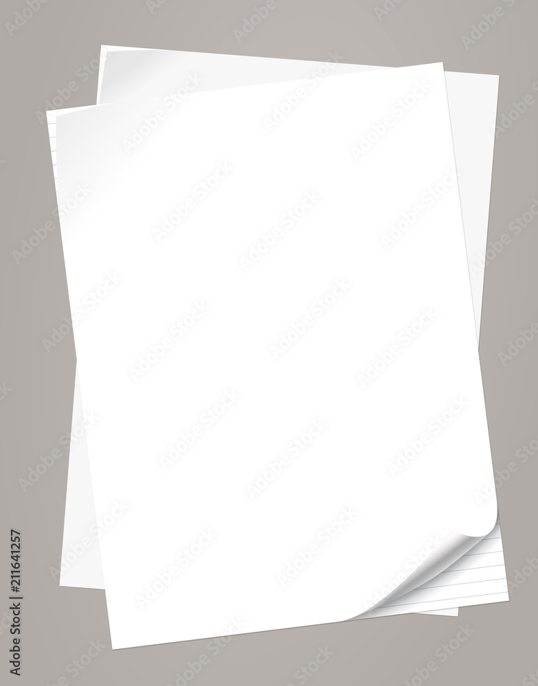 Poster set of stacked white notebook paper with curled corners for text or advertising message on grey back