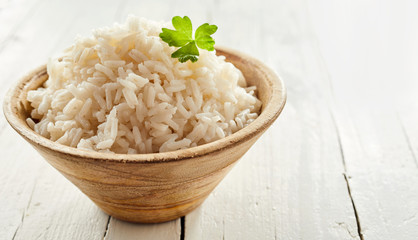 Rustic bowl of cooked long grain rice