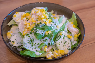 Green salad With shrimp and corn