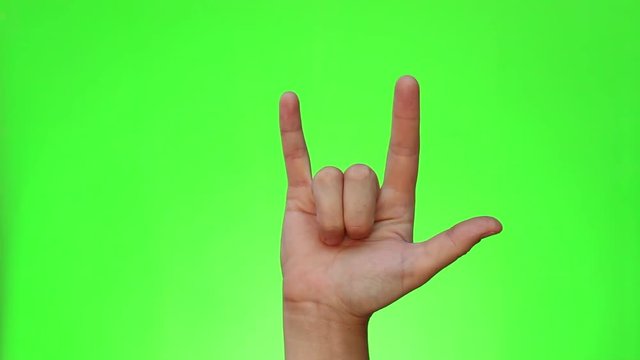 ILY sign. I Love You. Single handed gesture. Chromakey. Green Screen. Isolated