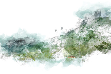Abstract colorful mountain and field landscape on watercolor illustration painting background.