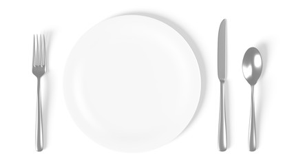 Plate isolated on white with fork, knife and spoon