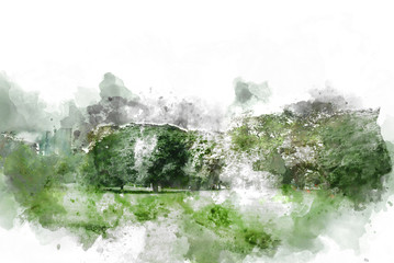 Abstract tree and field landscape on watercolor illustration painting background.