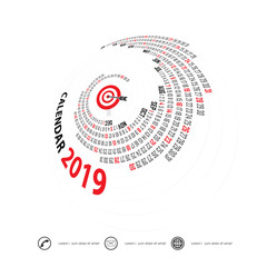 2019 Calendar Template.Spiral calendar.Calendar 2019 Set of 12 Months.Vector design stationery template.Vector Illustration