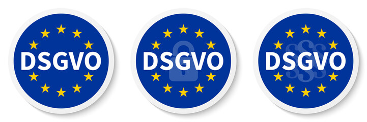 DSGVO Kreis Aufkleber Set mit EU-Flagge, Vorhängeschloss und Paragraphenzeichen.