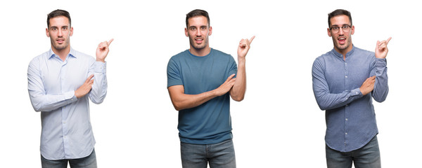 Handsome young man wearing different outfits with a big smile on face, pointing with hand and...