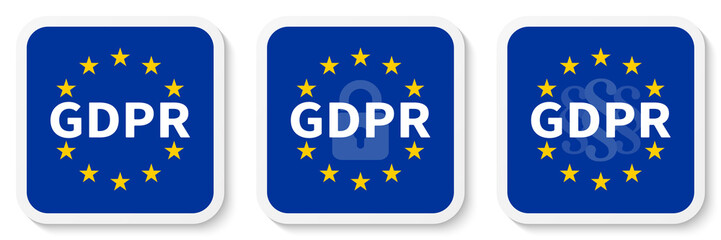 GDPR square sticker set with the EU flag, the padlock icon and paragraph marks.