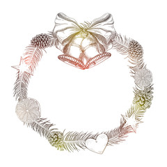 White New Year background with Christmas wreath and bells.