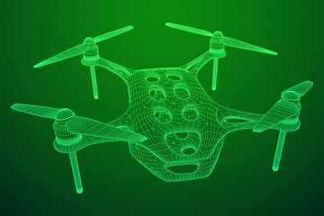 Remote control air drone. Dron flying with action video camera. Wireframe low poly mesh vector illustration