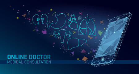 Doctor online medical app mobile applications. Digital healthcare medicine diagnosis concept banner. Human heart smartphone low poly geometric innovation technology vector illustration