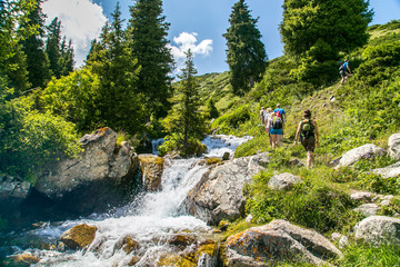 Tourist group in the mountains near the river. Trees,  rocks around the mountain river.  Hiking in...
