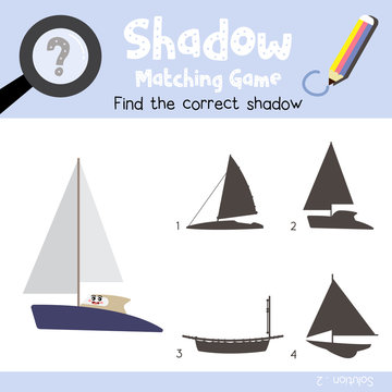 Shadow matching game of Catamaran cartoon character side view transportations for preschool kids activity worksheet colorful version. Vector Illustration.