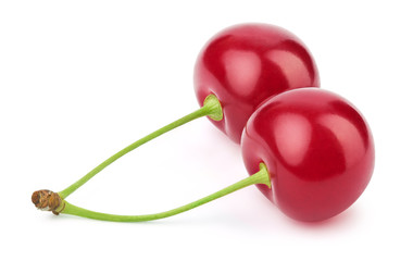 Two fresh cherries berries isolated on the white background with clipping path. One of the best isolated cherries that you have seen.