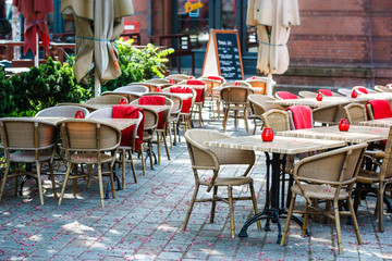 Empty street cafe, early morning, Hackescher Markt, Berlin, Germany