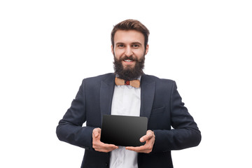 Cheerful gentleman showing new tablet