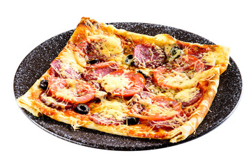 Appetizing pizza with salami, cheese and tomatoes isolated on wh