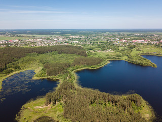 Beautiful aerial view of blue lakes and forest
