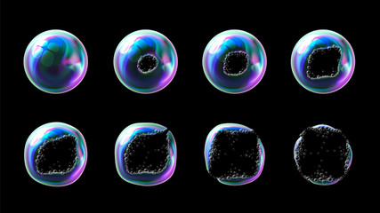Vector set of realistic transparent colorful soap bubbles in stages of the explosion from centre. Water spheres with air, soapy balloons, lather, suds, soapsuds. Glossy foam balls. 3d illustration.