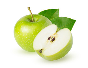 A one whole ripe green apple with leaf and slice isolated on white background