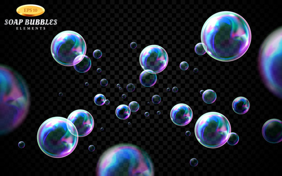 Vector soap bubbles set isolated on black transparent background. Special effect for design. Water spheres with air, soapy balloons, lather, suds, soap suds. Glossy foam balls. 3d illustration.