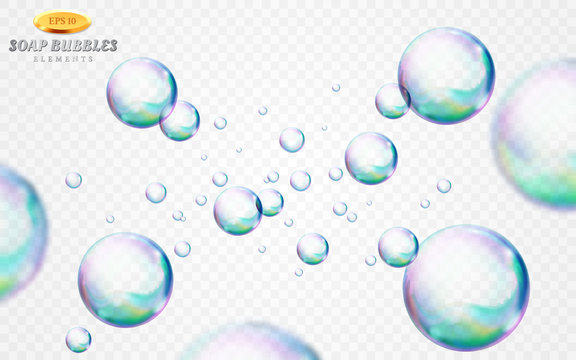 Vector soap bubbles set isolated on white transparent background. Special effect for design. Water spheres with air, soapy balloons, lather, suds, soap suds. Glossy foam balls. 3d illustration.