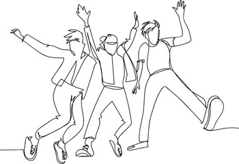 Сontinuous line drawing of jumping happy team members