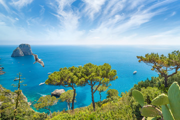 Daytime view of famous Faraglioni rocks from Capri island, Italy