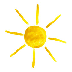 a yellow watercolor sun painted on paper isolated on white background