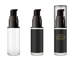 Realistic white glass jar with plastic lid for cosmetics - body cream, butter, scrub, foundation cream, gel, skin care, powder. Premium product. Package template. Vector mock up set.