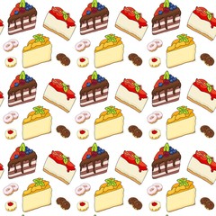 Colored Seamless Pattern with Cakes and Pastries. Background with Sweets in Hand Drawn Doodle Style. Vector Illustration