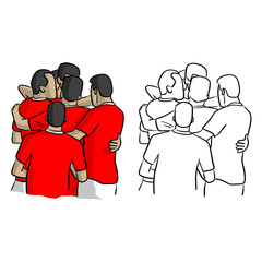 soccer players in red jersey shirts celebrating after goal vector illustration sketch doodle hand drawn with black lines isolated on white background