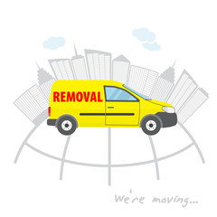 Transportation and home removal. We're moving. The yellow car for transportation and home removal.  Yellow minivan on a background of skyscrapers. Stock vector. Flat design.