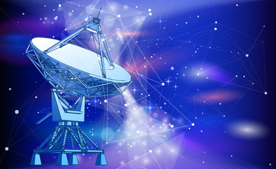 Satellite Dishes Antenna - doppler radar, digital wave and blue technology background - abstract illustration of science, astronomy, information technology, network solutions and digital technologies