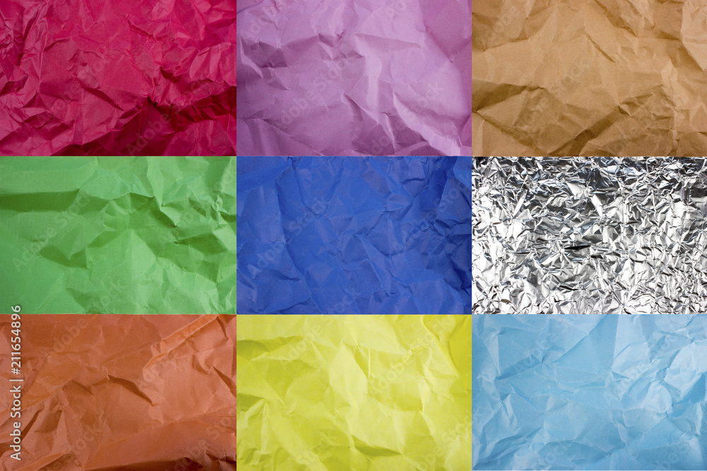 Poster set of 9 crumpled torn color papers. template for banners. empty space for text and design