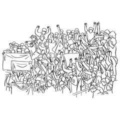 Group of fans cheer for their soccer team victory on a stadium bleachers vector illustration sketch doodle hand drawn with black lines isolated on white background