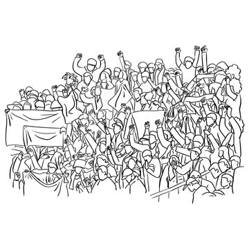 Group Of Fans Cheer For Their Soccer Team Victory On A Stadium Bleachers Vector Illustration Sketch Doodle Hand Drawn With Black Lines Isolated On White Background