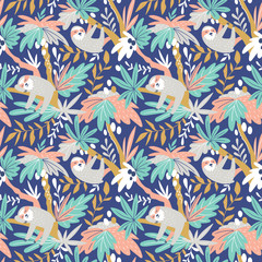 Vector seamless tropical pattern with cute sloths. Hand drawn design for fabric in scandinavian style. © Utro na more