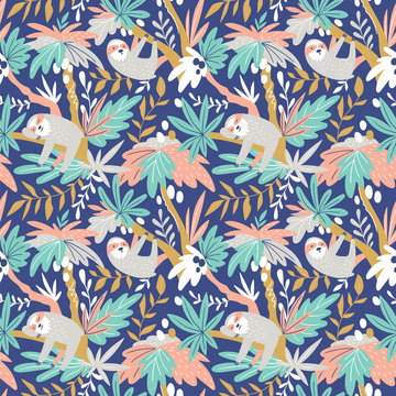 Vector seamless tropical pattern with cute sloths. Hand drawn design for fabric in scandinavian style.