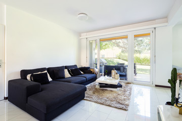 Modern living room with large dark sofa