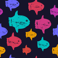 Colorful Ocean Sunfish Seamless Vector Pattern on a Black Background
